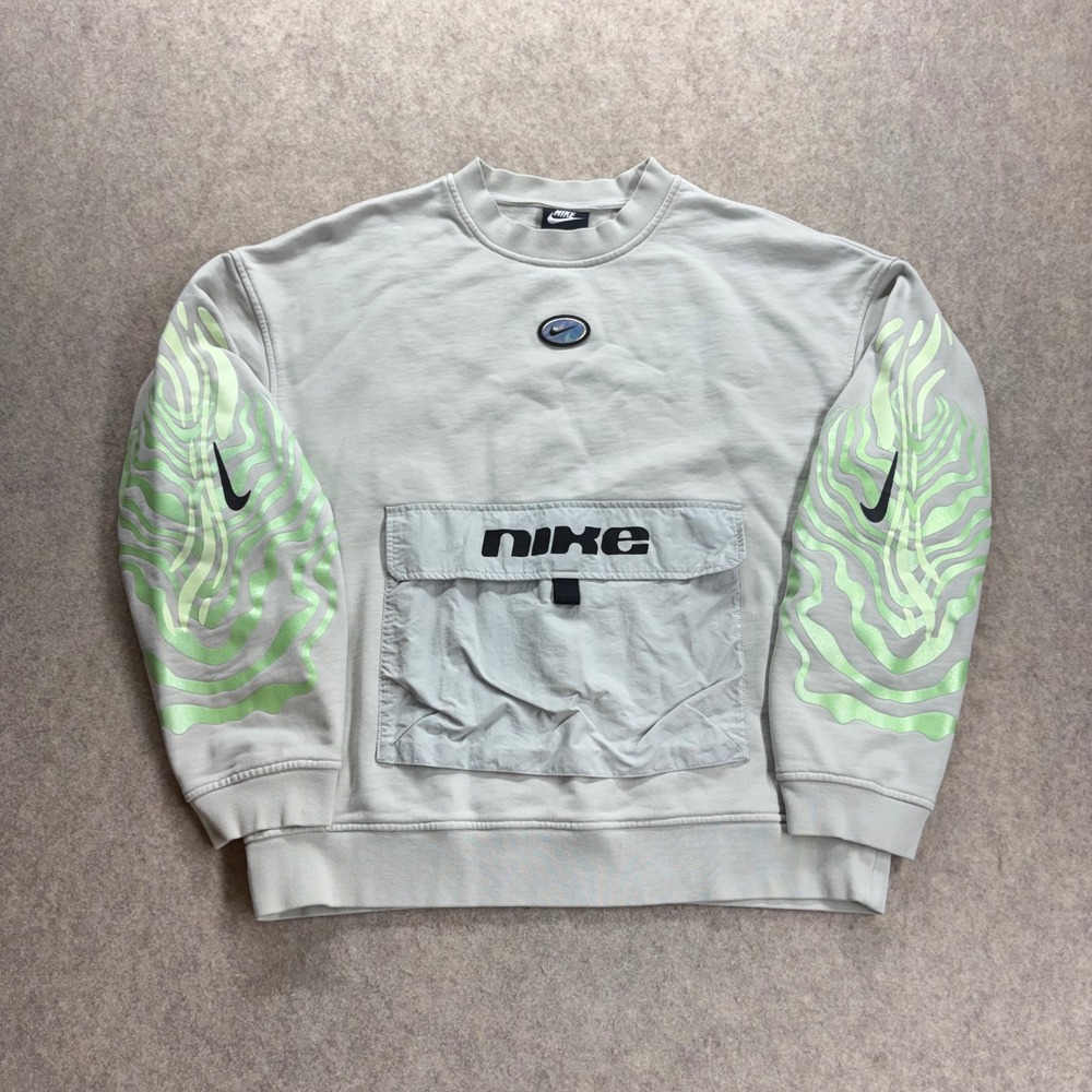 Nike Sleeve Logo Crewneck Sweatshirt Men's Medium Gray Neon Green Anorak Pocket
